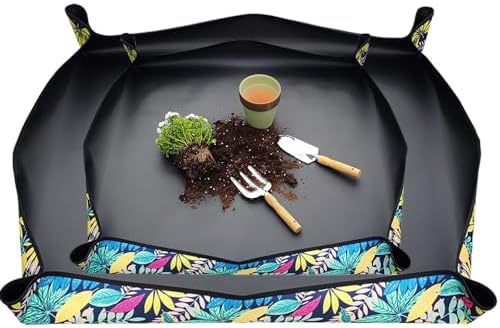 Waterproof Plant Repotting Mat for Indoor Gardening Foldable Potting Mat for Plant Transplanting and Mess Control Together with One Pair of Gloves (29.5x29.5 inch + 29.5x43.5 inch) by yeesn