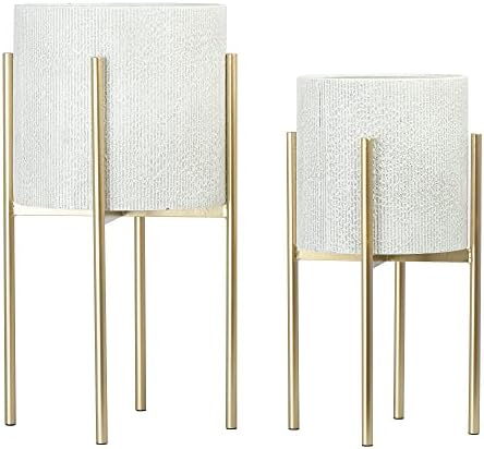 Main + Mesa Modern Boho Embossed Metal Planters with Stands, White and Gold, Set of 2 Sizes - Image 6