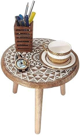 VANIYA CRAFTS® Wooden Engraved Fold-able Round End Table/Side Table/Plant Stand/Stool for Living Room Bedroom Restaurant Kids Play Furniture Table Round Shape (Natural White 5) by VANIYACRAFTS
