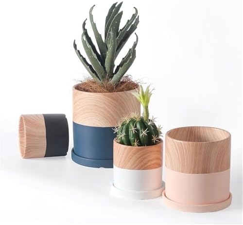 Plant Pot Cylindrical Planter Pot, with Saucers Tray and Drainage Holes Ceramic Flower Pot, Blue with Woodgrain Small Planter, for Balcony Living Room Bedroom Flower Pots - Image 4
