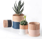 Planter Cylindrical Planter Pot, with Saucers Tray and Drainage Holes Ceramic Flower Pot, Blue with Woodgrain Small Planter, for Balcony Living Room Bedroom Flower Pots - Image 4