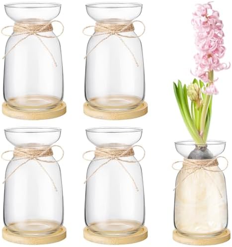 FoldTier 4 Sets Hyacinth Glass Vase with Bamboo Coaster Rope Hyacinth Avocado Growing Bud Vase Decorative Glass Flower Vases for Centerpieces Bulb Forcing Plant Containers Home Office Table Decoration by FoldTier
