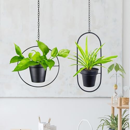 Modern Metal Hanging Planters Set of 2 - Round and Oval Geometric Plant Hangers with 5 Inch Pots - Black Wall and Ceiling Mount Flower Holders for Indoor and Covered Outdoor Décor - Image 2