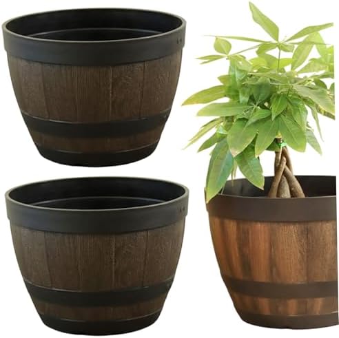 Plant Pots with Drainage, 2-Pack Outdoor Flower Pots, 7.7 Inch Large Plant with Drainage Holes, Whiskey Barrel Design Plastic Planter for Indoor Plants Garden Balcony, Flower by Peosaard
