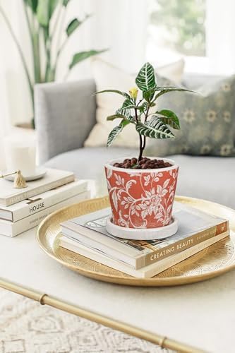 Set of 2 Ceramic Pink Orange Plant Pots with Drainage Hole and Saucers, Vintage Farmhouse Accent Planters for Indoor Plants, Round Flower Pots Rustic Succulent Pot Terracotta Tubs 5.7/4.7 Inch - Image 5