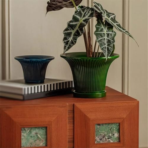 Planter Round Stripe Texture Plant Pot, with Drainage Hole and Saucers Trays Ceramics Flower Pot, for Room Balcony Office Plants Container (3 Colors) Flower Pots(Blue) - Image 5