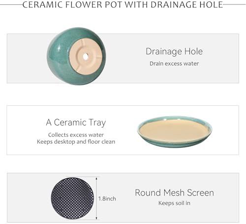 10.3 Inch Ceramic Planter with Saucer,Modern Garden Pots with Drainage Hole Mesh Net, for Indoor Outdoor Use (Blue-Green) - Image 4