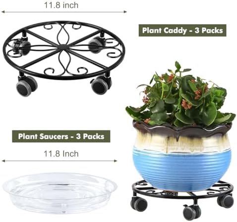 Planterhoma 3 Pack Plant Caddy with Wheels & Saucers, 11.8" Heavy Duty Metal Rolling Plant Stand, Plant Dolly with Lockable Casters, Rustproof Iron Planter Mover for Indoor Outdoor, Black - Image 3