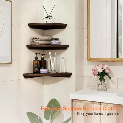 Floating Corner Shelves Set 2 12inch Walnut Solid Oak Rounded Corner Shelves Wall Mounted with Cable Hole Wood Corner Hanging Shelves for Living Room Bedroom Bathroom Kitchen - Image 7