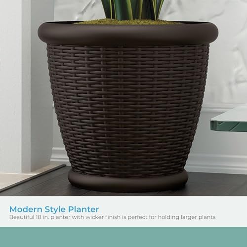 Suncast Wicker Planter w/ Drillable Drain Holes, Decorative Indoor/Outdoor Pot, 18in, Java - Image 3