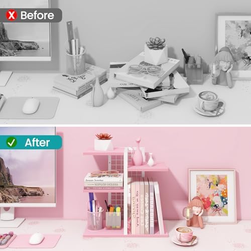 ELITEROO Desktop Bookshelf, Tiered Desk Organizer Shelf, Wooden Tabletop Bookshelf Small Desk Book Shelf, Dresser Top Organization Storage Rack and Desk Decorations for Women Office, Pink - Image 4