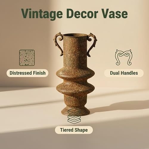 Vintage Distressed Rust Iron Planter, 15 Inch Tall Decorative Flower Pot with Ornate Scroll Handles, Unique Stacked Antique Vase for Indoor Outdoor Farmhouse Patio Entryway Mantel Decor(A3256) - Image 5