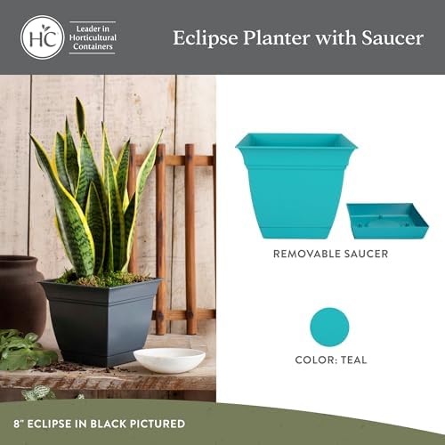The HC Companies Eclipse Square Plastic Planter w/Attached Saucer - Outdoor & Indoor Plant Pot with Drainage Holes - Lightweight, UV-Resistant Plastic Pots for Plants (12" Teal, Pack of 1) - Image 2