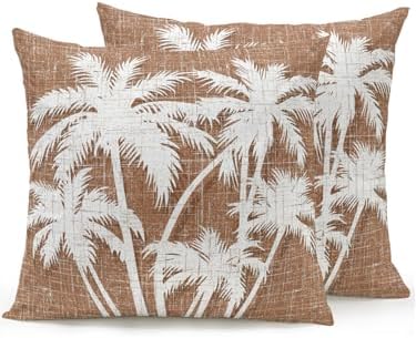 Tropical Palm Tree 18x18 Waterproof Outdoor Throw Pillows Set of 2 with Inserts, Vintage Brown Exotic Botanical Plants Patio Decorative Cushions for Outdoor Sofa Porch Garden Furniture by Hokiten