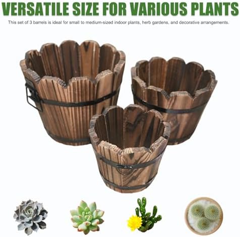 3Pcs Whiskey Barrel Planter Vintage Wooden Barrel Planter with Wavy Mouth & Drainage Hole Decorative Plant Pot with Handles for Indoor Outdoor Garden, Décor de pelouse - Image 4