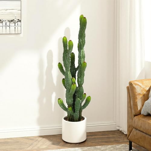 46" Artificial Cactus Plants, Tall Artificial Plants Outdoor, Tall Fake Cacti Plant UV-Resistant in White Pot, Faux Floor Plants for Indoor Home Office Hotel Bedroom Patio Balcony Garden - Image 2