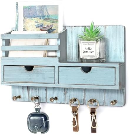 Rebee Vision Key Holder Wall Mount with Shelf for Entryway, Distressed Blue by REBEEVISION