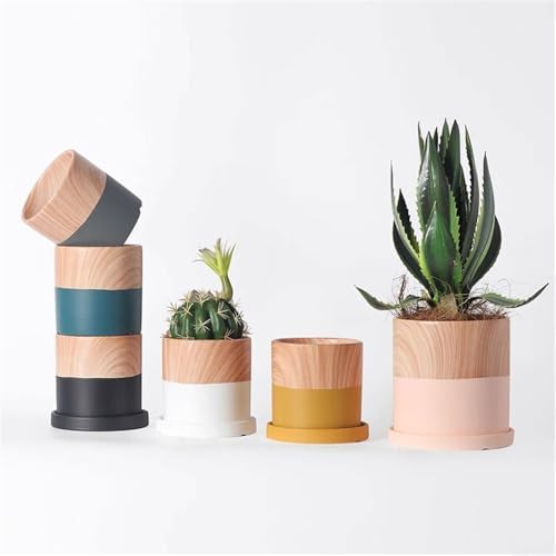 Planter Cylindrical Planter Pot, with Saucers Tray and Drainage Holes Ceramic Flower Pot, Blue with Woodgrain Small Planter, for Balcony Living Room Bedroom Flower Pots - Image 6