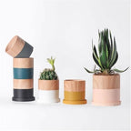 Planter Cylindrical Planter Pot, with Saucers Tray and Drainage Holes Ceramic Flower Pot, Blue with Woodgrain Small Planter, for Balcony Living Room Bedroom Flower Pots - Image 6
