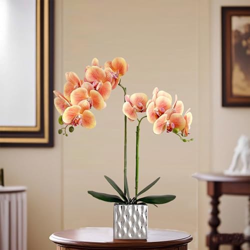 Artificial Orchids Silver Vases Orchids Artificial Flowers Orange Orchid Height 20 inches - Image 6