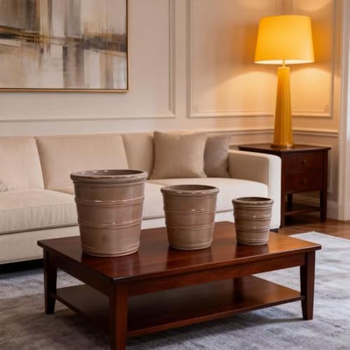 16" Ceramic Planters, Set of 3, 16 Inch, Taupe with Horizontal Rings by Noeko
