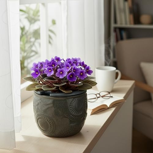 HERDUK 6.5” Ceramic Self Watering African Violet Planter with Embossed Floral Design – Durable Indoor Plant Pot for Orchids, Succulents, and Houseplants - Image 6