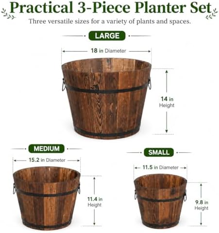 3 Pcs Wooden Planter Barrel Set, Outdoor Flower Pots with Handle & Drainage Holes, Rustic Whiskey Barrel Planter for Plants, Herbs, Veggies, Indoor Outdoor Use - Image 3