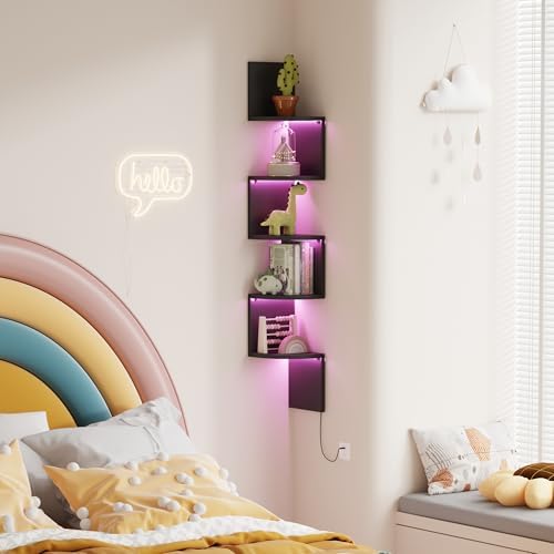 Qupui 49" Corner Wall Shelf with LED, 5-Tier Floating Bookshelf, Black - Image 5