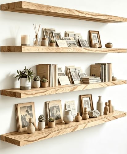 YYWUOJJ Wood Floating Shelves for Wall Decor, Rustic Wall Shelves for Bedroom Bathroom Kitchen Living Room, Set of 4 Light Walnut 24 Inch by YYWUOJJ