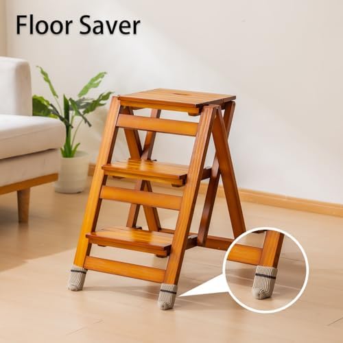 Latifolia Foldable 3 Step Ladder, Wooden Step Stool with Floor Saver, Decorative Ladder Shelf for Living Room, Kitchen, Garden(Walnut) - Image 6