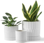 HASENSE Ceramic Plant Pots Set of 3, 8/6/4.6 Inch Cylinder Flower Planters with Drainage Saucers, Vertical Ribbed Modern White for Home Office & Outdoor Plants by Hasense