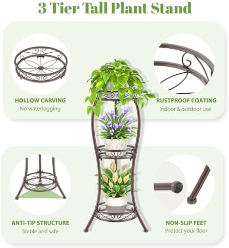 iDavosic.ly 3 Tier Metal Plant Stand Outdoor Indoor, 34 Inch Tall, Bronze - Image 3