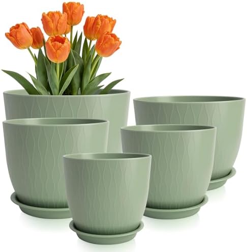 GARDIFE 5-Pack Plastic Plant Pots 7-10in with Drainage & Saucers, Green by GARDIFE