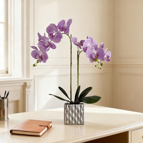 LISU Artificial Orchids, Silver Vases, Home Decoration Flower Arrangements,Purple Orchids Fake Flowers in Vases. - Image 6