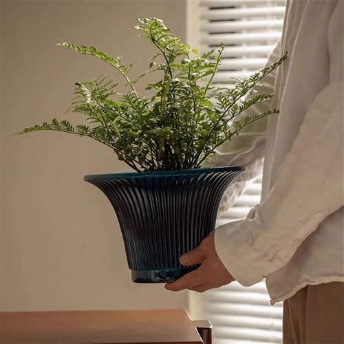 Planter Round Stripe Texture Plant Pot, with Drainage Hole and Saucers Trays Ceramics Flower Pot, for Room Balcony Office Plants Container (3 Colors) Flower Pots(Blue) - Image 3