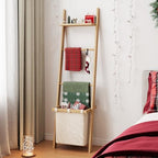 63" Bamboo Blanket Ladder with Shelf, Fabric Storage Basket and 5 Hooks - Image 5