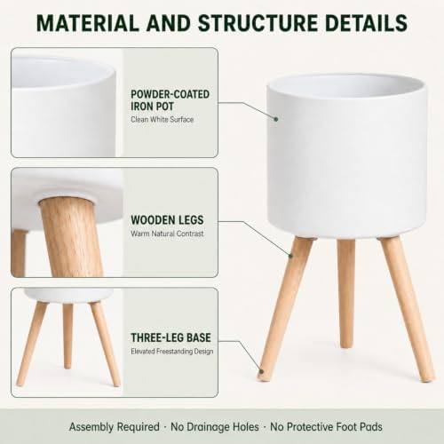 2 Pack Plant Stand Indoor Metal Planter Holder Wooden Leg Modern White - Image 7