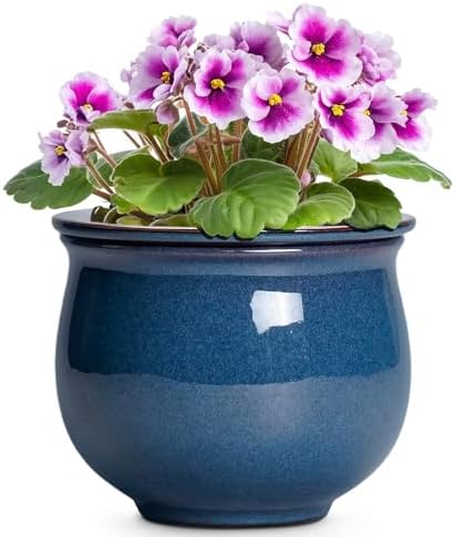 African Violet Pots, 6 Inch Ceramic Easy Self Watering Pots for Indoor Plant, Round Self Watering Planter with Absorbent Inner Pot, Ceramic Flower Pot, Room Decor, Plant Lover Gift, Retro Blue by Teagas
