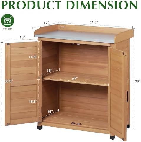 Outdoor Storage Cabinet & Potting Bench Table with Metal Top, Wooden Patio Furniture, Garden Workstation (Light Brwon, 39x31.5x17in) - Image 5