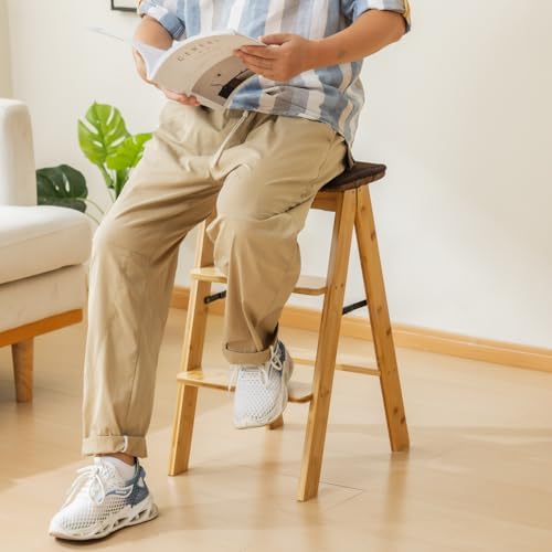 Latifolia Foldable 3 Step Ladder, Bamboo Step Stool with Floor Saver, Decorative Ladder Shelf for Living Room, Kitchen, Garden(Nature) - Image 5