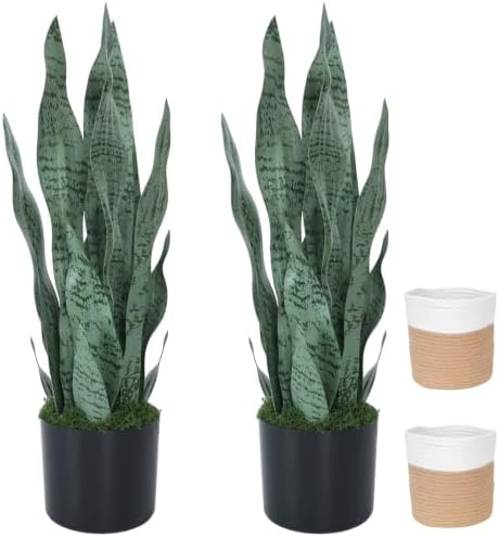 2Pcs 22.5in Faux Snake Plant with Woven Basket Indoor Decor by HOENLE