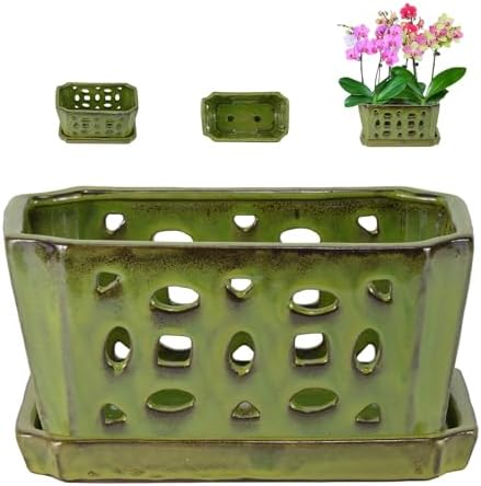 W&W Orchid Pot with Holes and Saucer for Repotting, YellowGreen, 9.7 Inch by WWHomeDecor