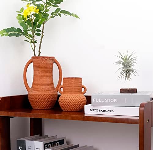 Terracotta Vases Sets of 3, Farmhouse Decor, Ceramic Vase for Flower, Wide Mouth Rustic Home Decor Vases for Flowers, Living Room, Table,Shelf and Accessories, Terracotta - Image 4