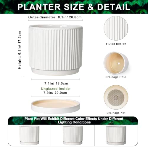8 Inch Pots for Plants, Ceramic Plant Pots with Saucer, White - Image 2