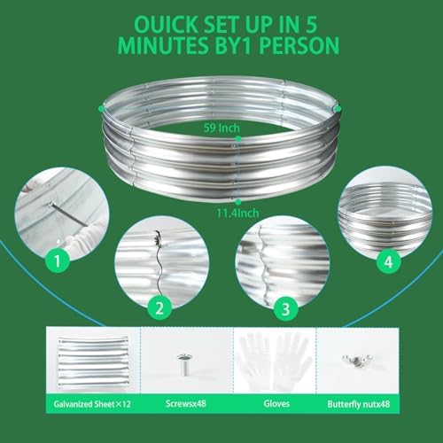 Durable Round Galvanized Steel Raised Garden Bed for Planting,Round Galvanized Steel Fire Ring/Fir Pit for Outdoor- 5×5×1FT,0.8MM Thick (Silver, 60 ins Diameter x 12 ins high) - Image 5