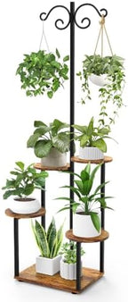 Plant Stand Indoor with 2 Hanging Hooks, 5 Tiered Corner Plant Shelf Flower Stand for Multiple Plants, Plant Stands Organizer Rack for Living Room Balcony Patio Garden (Black+Brown, Round) by YOCOMEY