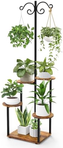 Plant Stand Indoor with 2 Hanging Hooks, 5 Tiered Corner Plant Shelf Flower Stand for Multiple Plants, Plant Stands Organizer Rack for Living Room Balcony Patio Garden (Black+Brown, Round) by YOCOMEY