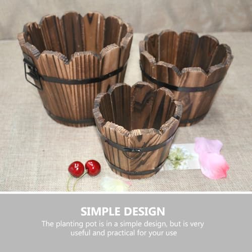 ARTIBETTER 2pcs Wood Vegetable Pot Barrel Planter Box with Handle, Medium Round Succulent Flower Planter for Outdoor Garden Patio, Carbonized Solid Wood Whiskey Barrel Decor - Image 6