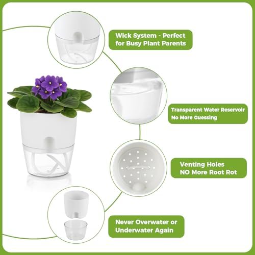 Planterhoma 8 Pack Self Watering Pots for Indoor Plants, 6 Inch Plant Pot Plastic Self Watering Planter for Orchid, African Violet, Small Clear Flower Pots with Drainage Holes and Wicking Rope, White - Image 6