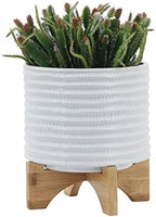 Ceramic Planter with Bamboo Stand – Modern Home Decor Indoor Plant Pot with Textured Stoneware Design – Decorative Planter with Legs for Living Room, Bedroom, Office, Patio, or Garden - 8", White - Image 4